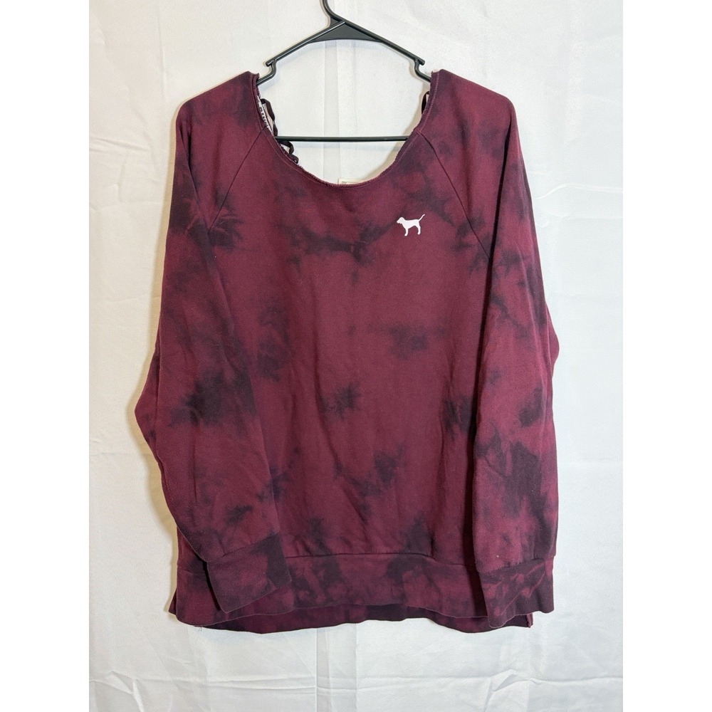 Victoria's Secret PINK Sweatshirt Red Tie Dye Raw Cut Dog Graphic Size Medium